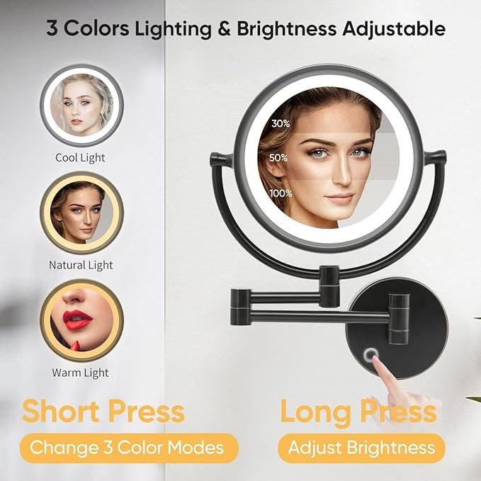 GURUN 8.5" Plug-in Magnifying Makeup Mirror with 3 Tones LED Lights Double Sided Vanity Mirror for Bathroom with 10X Magnification M1809DO (Oil-Rubbed Bronze/10X)