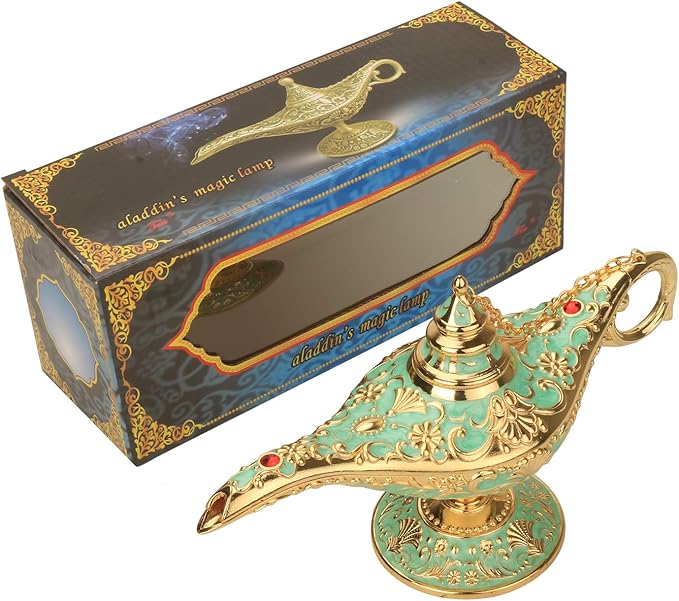 K COOL Classic Aladding Magic Genie Lamp Legend Wishing Light Costume Lamp Metal Carved Cone Incense Burner for Home Tabletop Decoration Party Birthday Halloween Christmas(Light Jade Green)