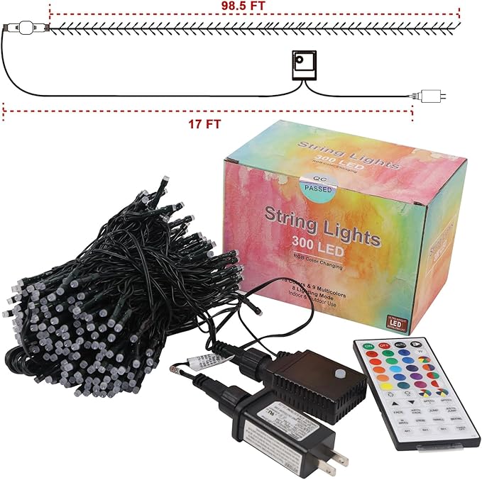 LJLNION 98.5ft Christmas Lights Color Changing with Remote, 300 LED RGB Fairy String Lights Halloween Decorative Lights, 8 Lighting Modes & Timer, Plug in Indoor Outdoor Xmas Wedding Party Decor