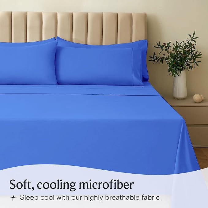 LuxClub 5 PC Sheet Set Bed Sheets Deep Pockets 16" Eco Friendly Wrinkle Free Cooling Machine Washable Hotel Bedding Silky Soft - Marine Blue Split King