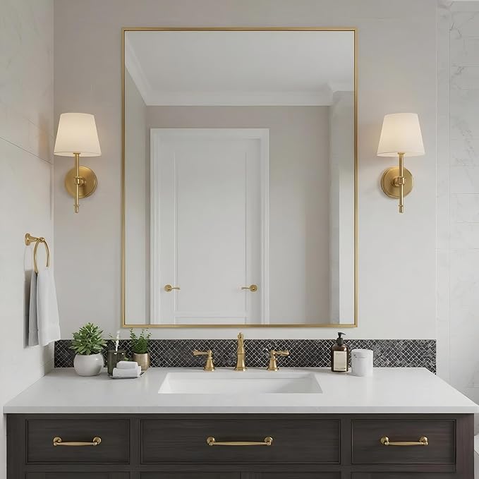 27x36 Inch Brass Bathroom Mirror for Wall, Aluminum Frame Rectangle Rectangular Vanity Mirror, Modern Large for Bedroom, Living Room, Horizontal or Vertical