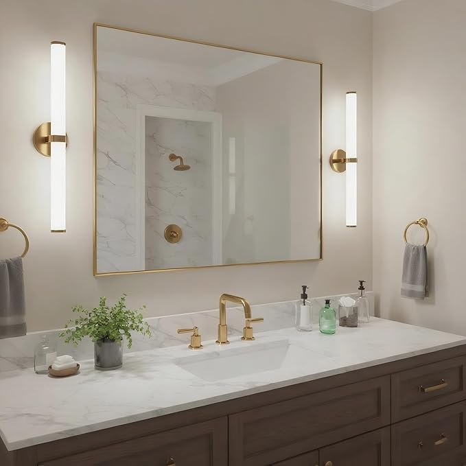 24x32 Inch Brass Bathroom Mirror for Wall, Aluminum Frame Rectangle Rectangular Vanity Mirror, Modern Large for Bedroom, Living Room, Horizontal or Vertical