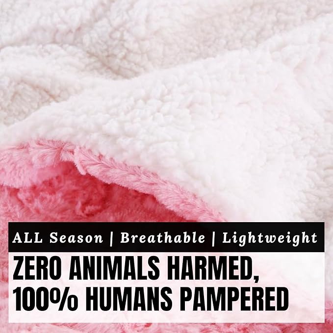 DaDa Bedding Luxury Faux Fur Throw Blanket - [ Non Shedding - Machine Washable] Fluffy Super Cuddly Soft Roses Sherpa Backside - Warm Plush for Lap or Sofa - Bright Vibrant Pink & White - 90" x 90"