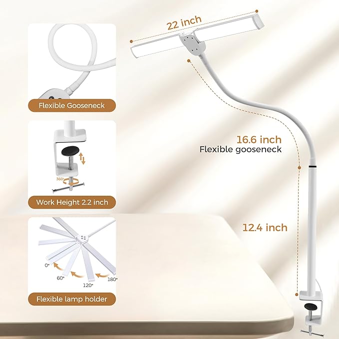 Led Desk Lamp for Home Office, Eye-Care Architect Light with Clamp, Smart Double Head Computer Monitor Table Clip Lamp, Adjustable Flexible Gooseneck, 25 Lighting Models, Task Lamp, White and Sliver