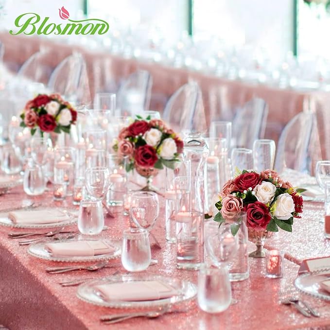 BLOSMON Flower Centerpieces Decoration for Table: 2 Pcs Burgundy & Dusty Rose & Creamy White Fake Roses Kissing Flower for Wedding - Artificial Silk Floral Arrangements Home Party DIY Decoration