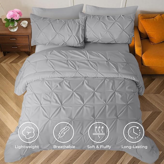 Sasttie Twin Comforter Set, 5-Piece Bed in a Bag, Pintuck Bedding Sets for All Season, Includes Comforter, Flat Sheet, Fitted Sheet, Pillowcase and Pillowsham, Light Grey