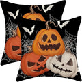 Halloween Pillow Covers 18 x 18 Inch, Burnt Orange Yellow Grey Pumpkin Decor Throw Pillows for Home Couch Bed, Black Cream Spider Web Bat Fall Decorative Pillowcase Linen Cushion Cover Set of 2