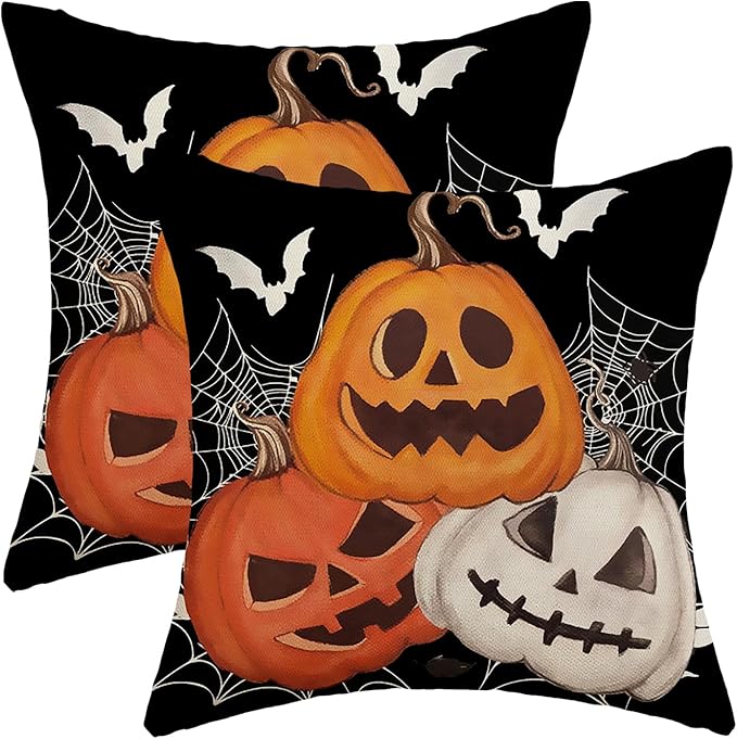 Halloween Pillow Covers 18 x 18 Inch, Burnt Orange Yellow Grey Pumpkin Decor Throw Pillows for Home Couch Bed, Black Cream Spider Web Bat Fall Decorative Pillowcase Linen Cushion Cover Set of 2