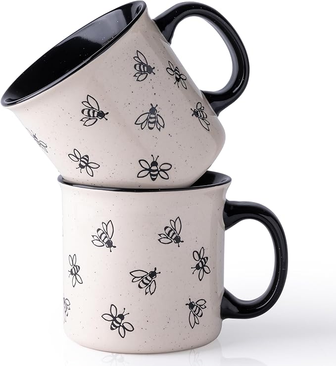 AmorArc 22 OZ Large Ceramic Coffee Mugs, Oversized Soup Cups With Big Handle for Men Women Dad Mom, Big Mug With Textured Bees Patterns for Office & Home -Microwave Safe, 2 Pcs-Black