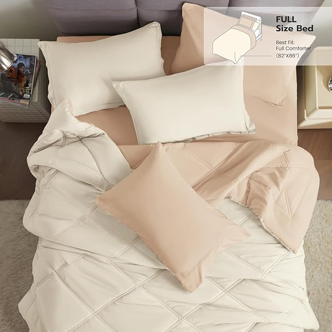 Joiedomi Full Size Comforter Set with Sheets Beige, 7 Pieces Full Size Bed Set with 1 Down Alternative Comforter, 1 Flat Sheet, 1 Fitted Sheet, 2 Pillowcases and 2 Pillow Shams, Bed in a Bag