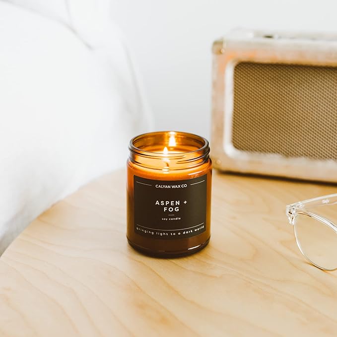 Calyan Wax Co. Soy Wax Candle, Aspen + Fog Scented Candle, 57 Hour Burn Time, Aromatherapy Soy Candles, Non Toxic & Vegan Soy Wax, Amber Glass Jar Scented Candles, 7.2oz