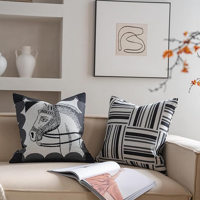 Premium Throw Pillow Covers 22x22 Inches - Black Elegance Palace Horse Chenille Jacquard Embroidery Decorative Couch Pillow Covers for Living Room Bedroom Sofa Home Décor