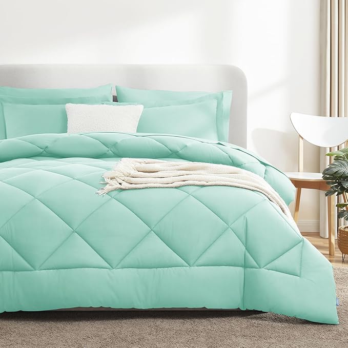 CozyLux Full Size Comforter Sets Mint Green - 7 Pieces Bed in a Bag Full, Luxury Soft Bed Set for All Seasons, Bedding Set with Down Alternative Comforter, Sheets, Pillowcases & Shams