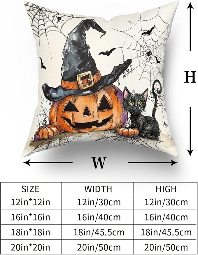 Giwawa Halloween Pillow Covers Set of 2- Rustic Spooky Pumpkin Black Cat Cotton Double Sided Throw Pillow Cases- Gothic Spider Web Bats Soft Cushion Cover 16"x16" for Sofa Porch Holiday Decor