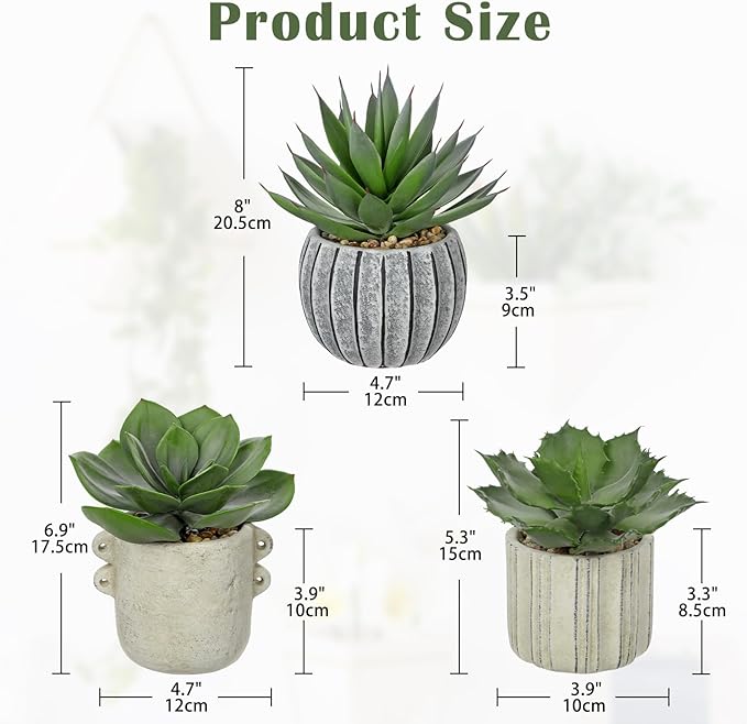 Briful 3 Pack Faux Succulent Plants in Vintage Cement Pots – Artificial Aloe Succulent Decor with Realistic Leaves and Pebble Base – Rustic Mini Plant Set for Home Office Bathroom Bookshelf