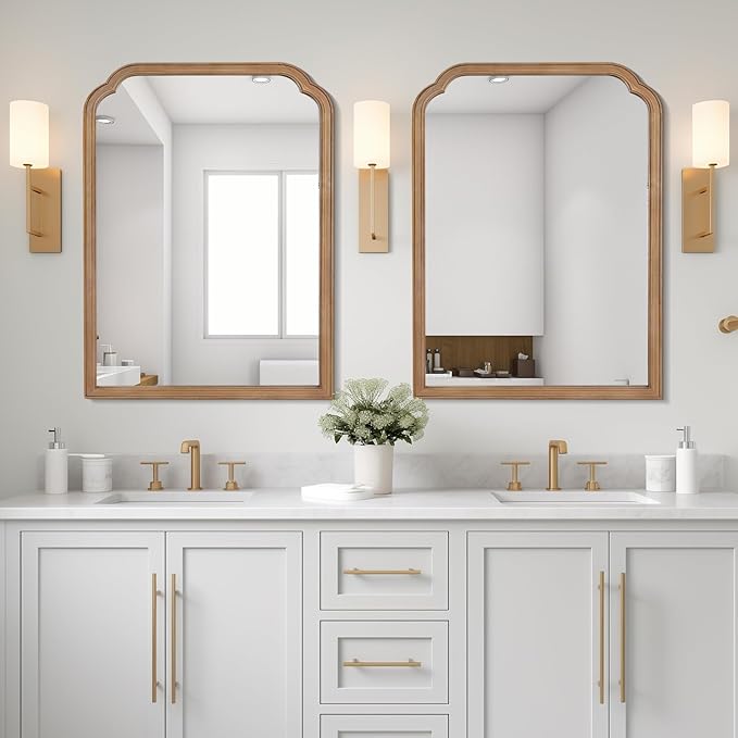 WallBeyond 30" x 40" Wood Bathroom Mirror for Wall Mounted, Rustic Rounded Corner Vanity Mirror for Entryway, Living Room or Bedroom Home Decorative [30" x 40" Honey-Colored]