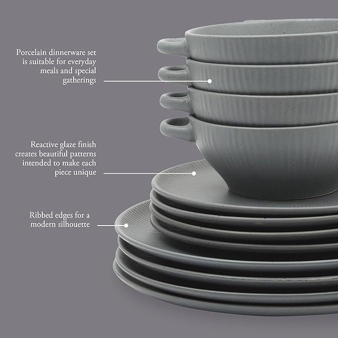 Gibson Elite Clover Hill 12-Piece Stoneware Dinnerware Set – Dark Blue Embossed Plates and Bowls with Matte Speckled Reactive Glaze, Service for 4 – Microwave & Dishwasher Safe