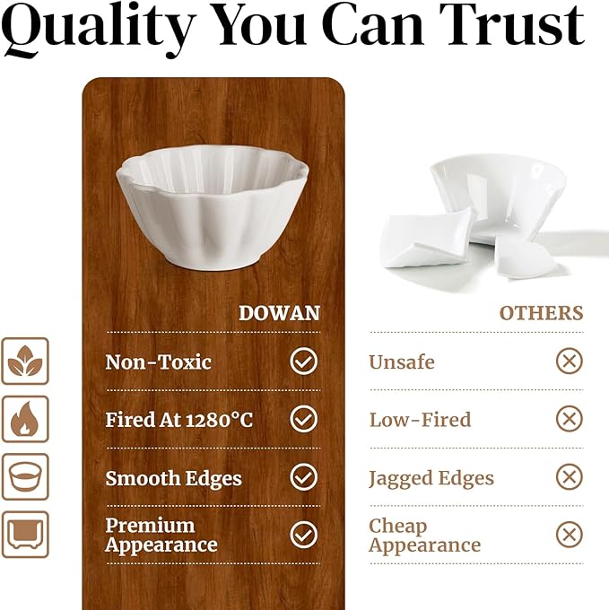 DOWAN Ramekins 4 oz, Creme Brulee Ramekins, Ramiken Oven Safe for Baking, Souffle Dishes Custard Cups, Porcelain Small Dipping Sauces Charcuterie Dessert Bowls, Ceramic Pudding Cups, Set of 6, Soft White