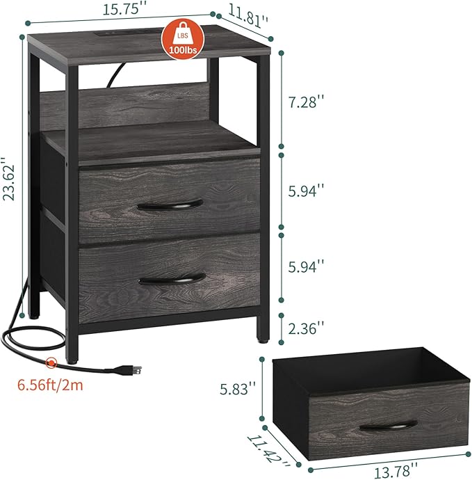 Yoobure Nightstand with Charging Station, Small Night Stand with Fabric Drawers and Storage Shelf for Bedrooms, Nightstands for Small Spaces, Bedside Table with USB Ports & Outlets, Bed Side Table