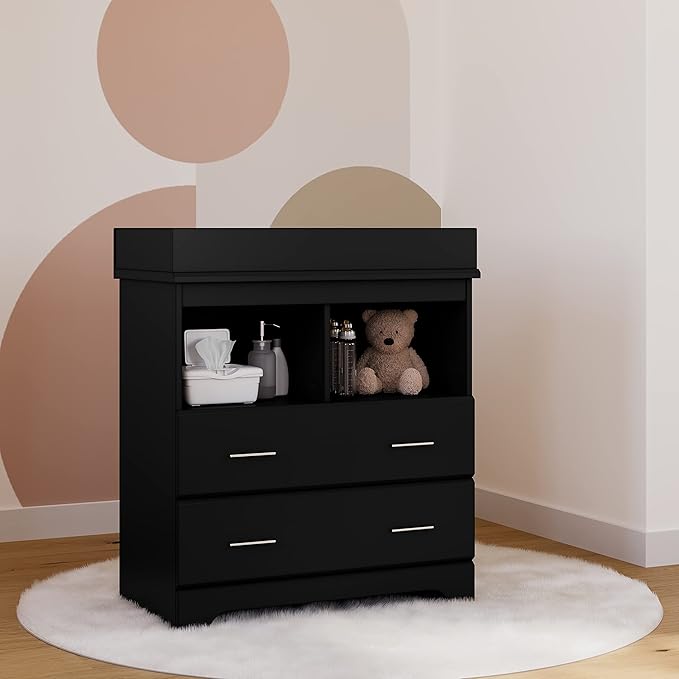 Storkcraft Brookside 2 Drawer Changing Table Dresser (Black) – GREENGUARD Gold Certified, Easy-to-Match Chest of Drawers and Cubbies for Nursery and Kids Bedroom, Includes Changing Table Topper