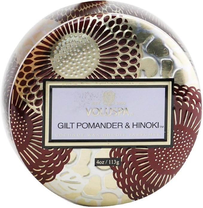 Voluspa Gilt Pomander & Hinoki Candle | Mini Tin | 4 Oz. | 25 Hour Burn Time | Coconut Wax for Clean Burning