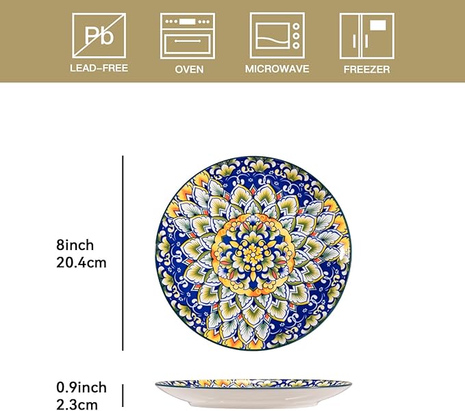 Sweejar Salad Plates 8 Inch,Ceramic Dessert Plates Set of 6,Bohemian Style Small Dinner Plates Dishwasher and Microwave Safe Round Colorful Dishes for Kitchen