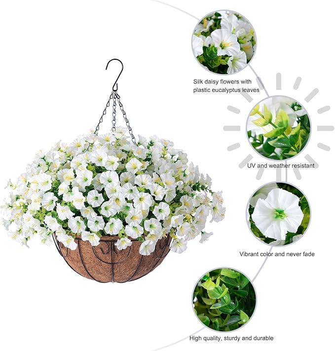 Artificial Fake Hanging Flowers Plants Baskets for Outdoor Decoration, Faux Silk Morning Glory in Planter UV Resistant Realistic for Home Outside Porch Patio Balcony Garden Yard, White