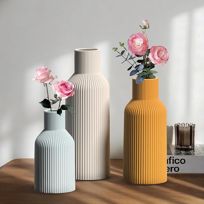 Colorful Ceramic Vases Set of 3, Colorful Ribbed Decorative Vases - Table Centerpieces for Wedding, Living Room, Office & Shelf Decor