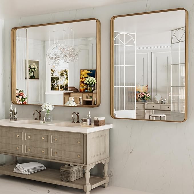LOAAO 48X36 Inch Bathroom Mirror with Wood Grain Colored Metal Frame, Rounded Rectangle Metal Framed Bathroom Mirror, Anti-Rust, Hangs Horizontally or Vertically, Tempered Glass