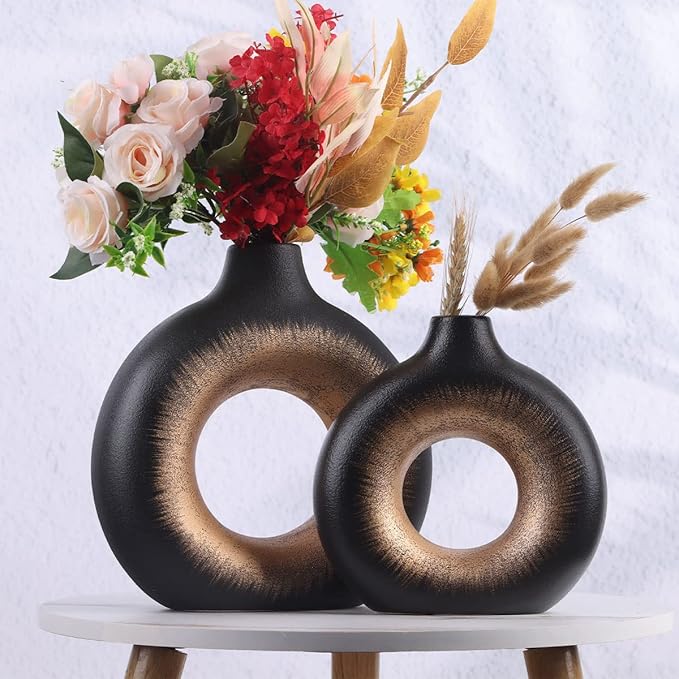 Black Gold Ceramic Vase Set of 2 - Perfect for Home Decor, Living Room, Circle Hollow Donut Vase, Boho Style, Minimalist and Modern Decor - Matte Finish for Flowers, Pampas and More