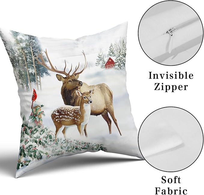 Giwawa Winter Deer Pillow Covers Set of 2, Farmhouse Elk Reindeer Wildlife Cotton Pillow Cases, 20"x20" Xmas Tree Snow Cottage Throw Cushion Covers for Sofa Couch Bedroom Indoor Outdoor Decor