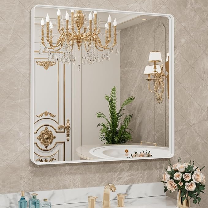 LOAAO 36x36 Inch White Metal Framed Bathroom Mirror for Wall, White Bathroom Vanity Mirror Farmhouse, Large Rounded Rectangle Mirror, Anti-Rust, Tempered Glass, Hangs Horizontally or Vertically
