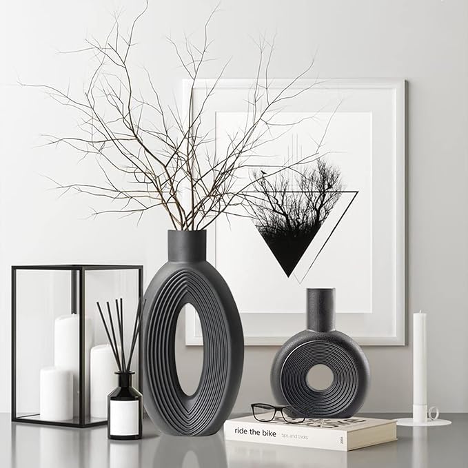 Ceramic Vase - Set of 2 for Home Decor,Black Pampas Vases Minimalist Nordic Boho Style for Modern Farmhouse Decor, Living Room、 Kitchen、Mantle、Bedroom、Dining Table、Office