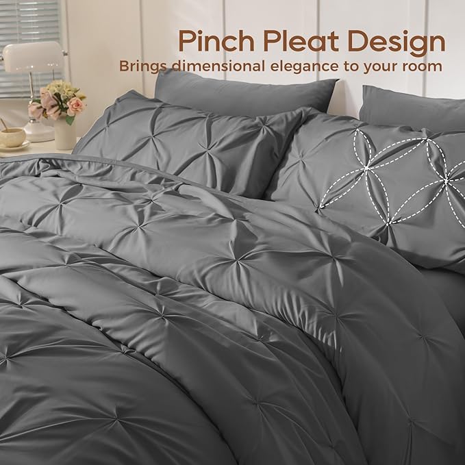 Sasttie California King Comforter Set, 7-Piece Bed in a Bag, Pintuck Bedding Sets for All Season, Includes Comforter, Flat Sheet, Fitted Sheet,Pillowcases and Pillowshams, Dark Grey
