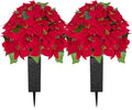 Christmas Cemetery Flowers for Grave: 2 Pcs Artificial 24 Heads Large Red Velvet Poinsettia Bouquets with Vases for Outdoor Grave Decorations