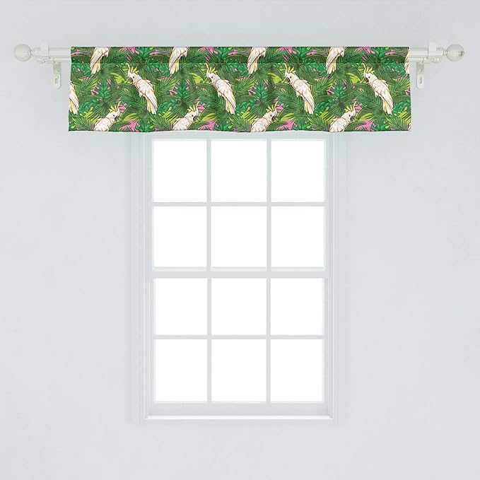Lunarable Parrots Window Valance Pack of 2, Yellow Crested Cockatoo Bird with Tropical Foliage Exotic Caribbean Design, Rod Pocket Curtain Valances for Kitchen Bedroom, 54" X 12", Cream Green