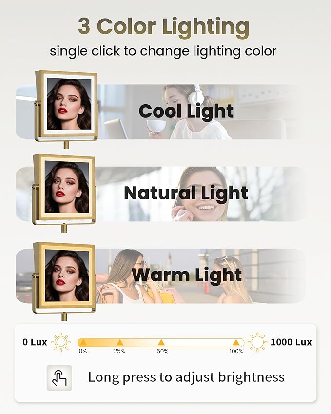 Rechargeable Wall Mounted Makeup Mirror with Lights, 4000mAh Double Sided 1X/10X Magnifying Vanity Mirror with 3 Color Lights, Touch Dimmable, 360° Extension Foldable Arm (Antique Brass)