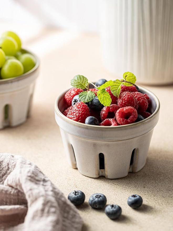 Gomakren Ceramic Fruit Basket Set of 2, Round Fruit Bowl with Holes, Small Berry Basket Containers for Kitchen Counter, Berries, Strawberry, Grape, Cherry, White
