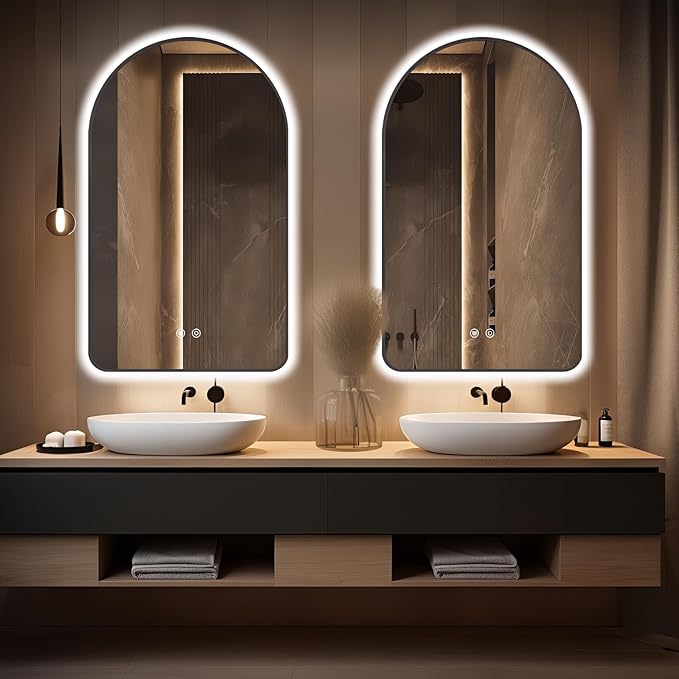 48"x30" Arched LED Bathroom Mirror, Wall Mounted Backlit Mirror with Lights Fog Free Lighted Framed Mirror Smart Anti-Fog 3 Color Temperatures Adjustable Brightness Black