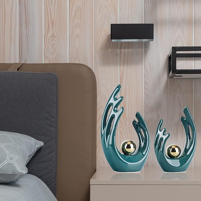 9.5" H Teal Gold Aesthetic Room Decor Accent, TV Stand Funky Table Centerpiece, Abstract Art Ceramic Statue and Sculpture, Teal Decor for Living Room, Bookshelf Decorative Objects, Shelf Decor