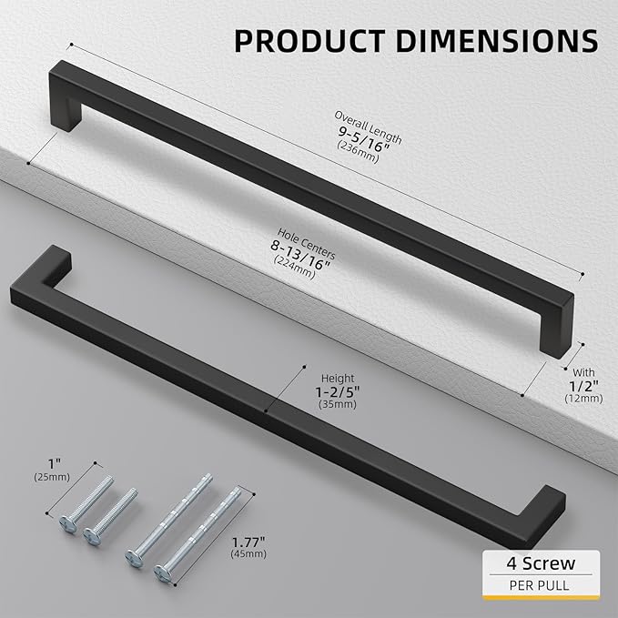 Black Matte Cabinet Pulls Goldenwarm Kitchen Bathroom Door Drawer Closet Hardware Handles Pulls, LSJ12BK224, 35 Pack 8 4/5 Inch in Hole Black Pull, Flat Square Bar Modern Drawer Pulls