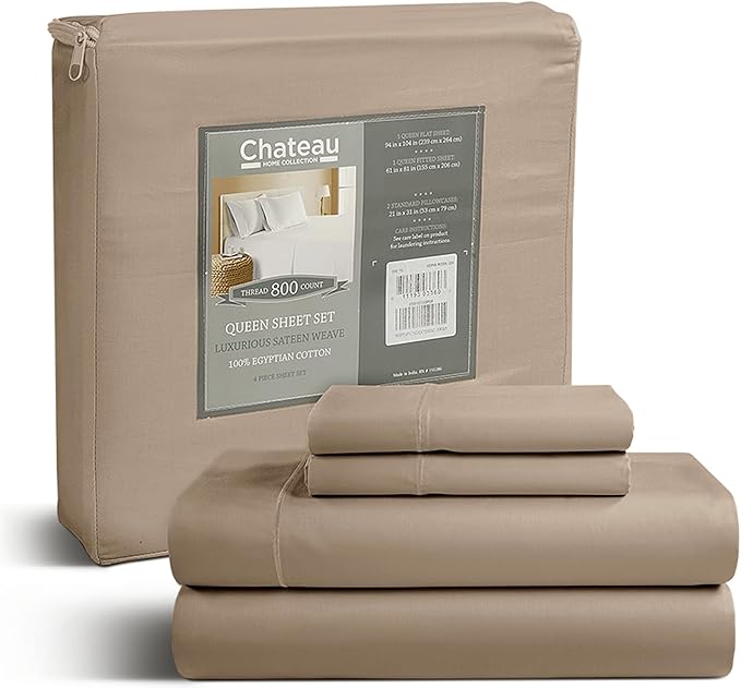Deep Pocket Queen Sheets set, 100% Cotton Sheets Queen Size set, 800 Thread Count Soft & Durable 4 Piece Sheet & Pillowcase Sets, Sateen Weave Hotel Sheet Fits upto 17", No Pill Machine Wash- Taupe