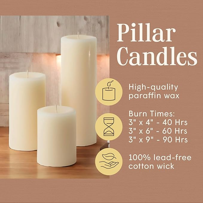 Mister Candle Ivory Unscented Dripless Candles Set of 3, 3 Inch Diameter, Hand Poured, Premium Wax, Decorative Pillar Candles (3" x 4", 3" x 6", and 3" x 9", Ivory)
