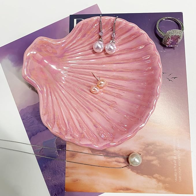 Shell Shape Ring Holder Dish, Seashell Jewelry Dish Tray, Ceramic Trinket Tray for Rings Earrings Necklaces Bracelet, Birthday Christmas Gift for Mom Friend Sister, 3.9", Pink Iridescent Surface
