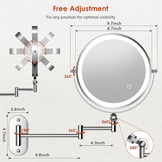 9" Wall Mounted Lighted Makeup Mirror,4000mAh Rechargeable Double Sided 1X/20X Magnifying Mirror with Light,Touch Dimmable,Extended Arm 360 Rotation Wall Mounted Makeup Mirror 3 Color Lights