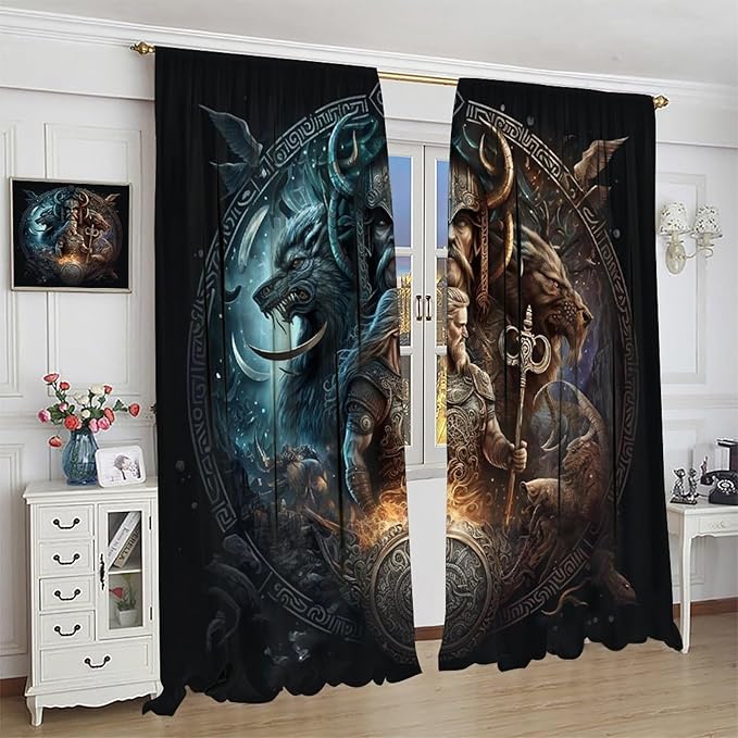 Cool Norse Viking Theme Curtains,Fantasy Ancient Symbols Wildlife Wolf Nordic Vikings Window Treatments Thermal Insulated Rod Pocket Blackout Drapes for Bedroom 2 Panels 63L x 42W