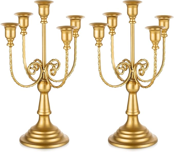 Romadedi Candelabra Gold Candle Holders - 5 Arm 11.8" Wedding Candlestick Holder for Theme Party Table Centerpiece Decor Dining Room Birthday Holiday Christmas, Set of 2
