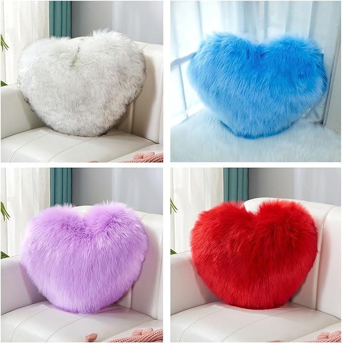 Fluffy heart-shaped pillow, sofa bed decoration, pillow decoration, room pillow (Light blue, 15.74inch X 19.68inch)