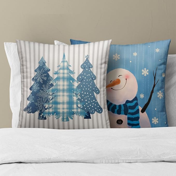 Winter Snowman Throw Pillow Covers - Buffalo Plaid Trees Pillow Covers 16x16 Set of 2 Snowflake Pillowcases Ice Crystal Snow Cushion Covers for Home Sofa Bed
