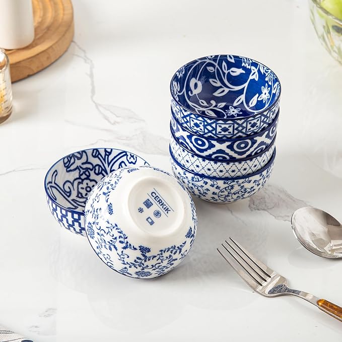 Ceramic Dipping Bowls Set - 4 Oz Small Dessert Bowl 3.5 Inch Porcelain Small Bowls for Side Dishes, Snack, Yogurt, Appetizer - Microwave Dishwasher Safe - Set of 6 - Vintage Blue